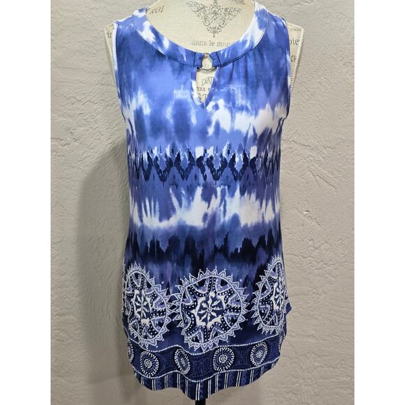 Sami & Jo Low High Blue Abstract Tie Dye Sleeveless Tank Top Tunic Shirt - Picture 9 of 9